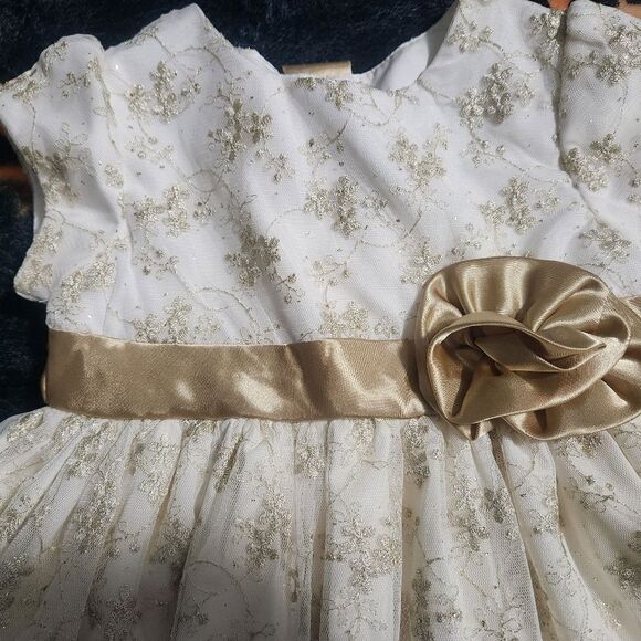 Laura Ashley London 5 White Gold Embroidered Shrtslv Bow Lined Girl'sFormalDress - Picture 3 of 9